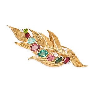A MULTICOLOUR TOURMALINE, DIAMOND AND PERIDOT LEAF BROOCH in 18ct yellow gold, designed as a styl...