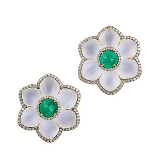 A PAIR OF ROCK CRYSTAL, DIAMOND AND EMERALD FLOWER EARRINGS in 14ct yellow and white gold, each c...