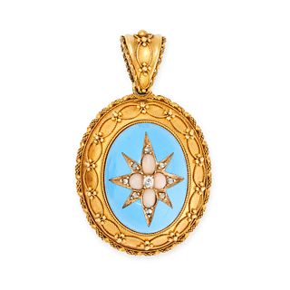 AN ANTIQUE VICTORIAN CORAL, DIAMOND AND ENAMEL LOCKET PENDANT in yellow gold, the oval locket wit...