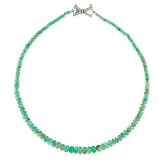 AN EMERALD BEAD AND DIAMOND NECKLACE comprising a row of graduated faceted emerald beads, the cla...