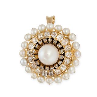 A NATURAL SALTWATER PEARL AND DIAMOND BROOCH / PENDANT in 18ct yellow gold, set with a natural sa...