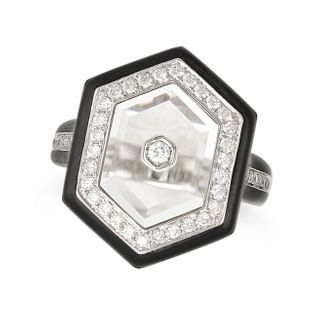 A ROCK CRYSTAL, DIAMOND, ENAMEL RING in 18ct white gold, comprising a lozenge shaped rock crystal...