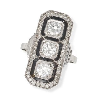 A DIAMOND AND ONYX DRESS RING set with three old European cut diamonds measuring approximately 0....