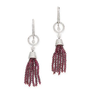 A PAIR OF RUBY AND DIAMOND TASSEL EARRINGS in 18ct white gold, each comprising a hoop set with a ...