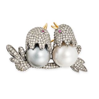 A DIAMOND AND PEARL BIRD BROOCH in 14ct yellow gold, designed as two birds perched on a branch, t...
