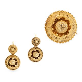 AN ANTIQUE ETRUSCAN REVIVAL EARRINGS AND BROOCH SUITE in yellow gold, the brooch in a circular de...