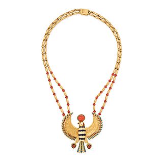 AN EGYPTIAN REVIVAL CORAL AND ENAMEL FALCON NECKLACE in 18ct yellow gold, comprising two rows of ...