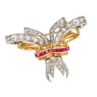 A RUBY AND DIAMOND BROOCH in 18ct yellow and white gold, designed as a stylised ribbon set with o...