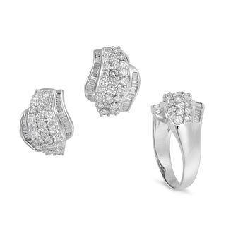 A DIAMOND EARRINGS AND RING SET in 18ct white gold, the ring set with three rows of round brillia...