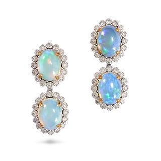 A PAIR OF OPAL AND DIAMOND DROP EARRINGS in 18ct white and yellow gold, each set with two oval ca...