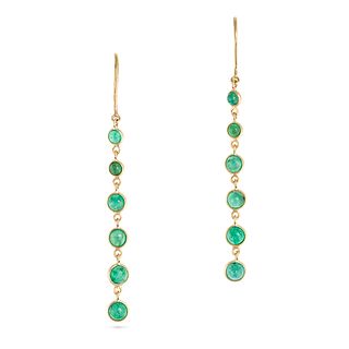 A PAIR OF EMERALD DROP EARRINGS in 18ct yellow gold, each set with a row of round cabochon cut em...