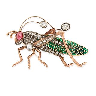 AN ANTIQUE RUSSIAN DIAMOND, GARNET AND ENAMEL GRASSHOPPER BROOCH in yellow gold and silver, desig...