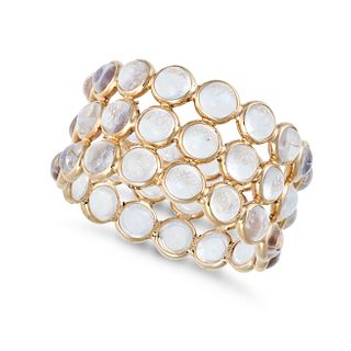 A MOONSTONE ETERNITY BAND RING in 14ct yellow gold, set with three rows of round cabochon cut moo...