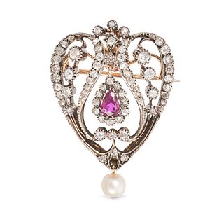 AN ANTIQUE DIAMOND, RUBY AND PEARL BROOCH / PENDANT in yellow gold and silver, the openwork heart...