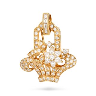 A VINTAGE DIAMOND BROOCH in 18ct yellow gold, designed as a stylised basket of flowers, set with ...