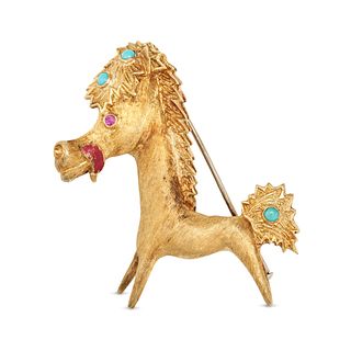 A VINTAGE TURQUOISE AND RUBY BROOCH in 18ct yellow gold, designed as a stylised horse accented wi...