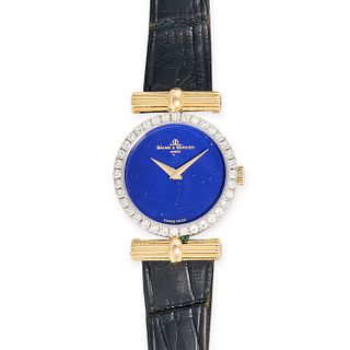 BAUME & MERCIER, A VINTAGE LAPIS LAZULI AND DIAMOND WRISTWATCH, 1980'S in 18ct yellow gold, the b...
