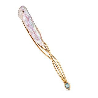 A RIVER PEARL, AQUAMARINE AND DIAMOND BROOCH in 14ct yellow gold, set with a river pearl with an ...
