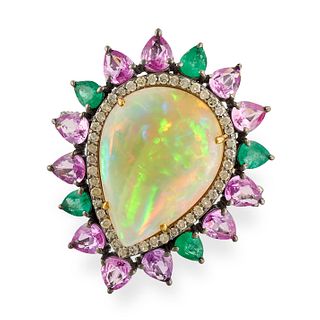 AN OPAL, PINK SAPPHIRE, EMERALD AND DIAMOND DRESS RING in 14ct yellow gold, set with a pear shape...
