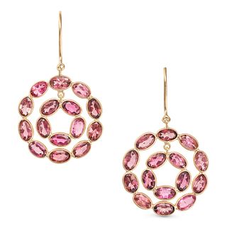 A PAIR OF PINK TOURMALINE HOOP EARRINGS in 18ct yellow gold, each comprising an open circle set t...