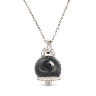 AN ONYX AND DIAMOND BELL PENDANT NECKLACE in 18ct white gold, the pendant designed as an articula...