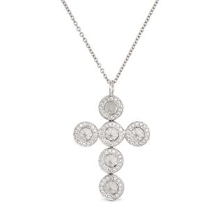 A WHITE TOPAZ AND DIAMOND CROSS PENDANT NECKLACE in 18ct white gold, the pendant designed as a cr...