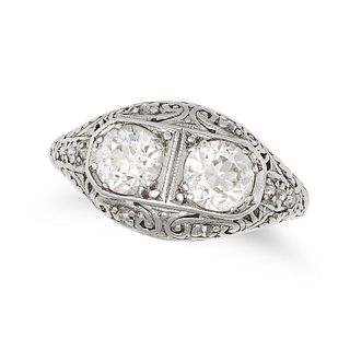 A VINTAGE DIAMOND TWO STONE RING, 1930S in white gold, set with two old European cut diamonds of ...