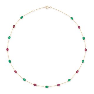 A RUBY AND EMERALD CHAIN NECKLACE in 18ct yellow gold, the trace chain set with a row of alternat...