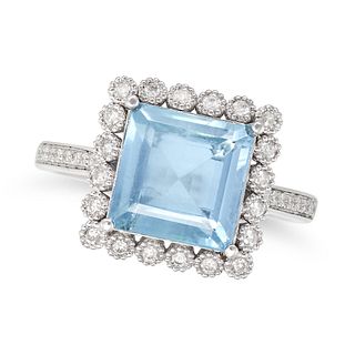 AN AQUAMARINE AND DIAMOND CLUSTER RING in 18ct white gold, set with a square step cut aquamarine ...