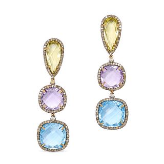 A PAIR OF BLUE TOPAZ, YELLOW TOPAZ, AMETHYST AND DIAMOND DROP EARRINGS in platinum and 14ct yello...