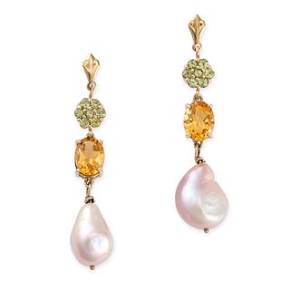 A PAIR OF CHRYSOBERYL, CITRINE AND PEARL DROP EARRINGS in 9ct yellow gold, set with a cluster of ...