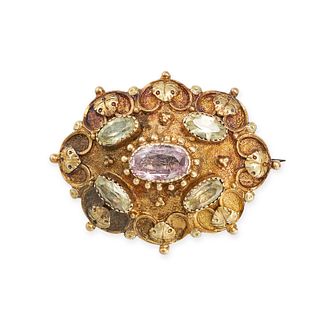 NO RESERVE - AN ANTIQUE PINK TOPAZ AND CHRYSOBERYL BROOCH set with an oval cut pink topaz accente...