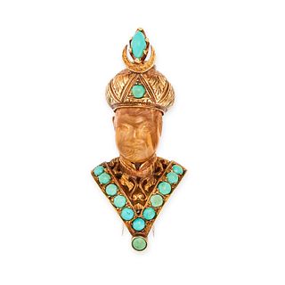 NARDI, A TURQUOISE, AMBER AND GARNET BLACKAMOOR BROOCH in 18ct yellow gold, the carved amber face...