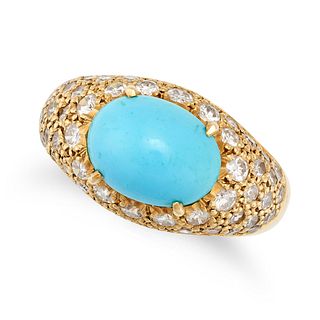 A TURQUOISE AND DIAMOND DRESS RING in 18ct yellow gold, the domed body set with a cabochon cut tu...