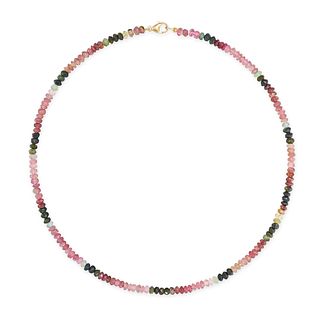 A MULTICOLOUR TOURMALINE BEAD NECKLACE in 9ct yellow gold, comprising a single row of fancy shape...