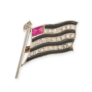 A SYNTHETIC RUBY, ONYX AND DIAMOND FLAG BROOCH in yellow gold, designed as a black and white stri...
