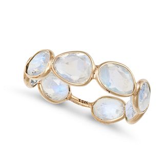 A LABRADORITE ETERNITY RING in 14ct yellow gold, set with a row of eight fancy shaped mixed cut l...