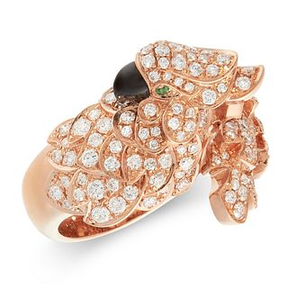 AN ONYX, DIAMOND AND EMERALD BIRD RING in 18ct rose gold, designed as a parrot set with round cut...