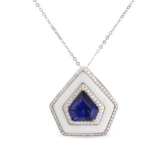AN IOLITE, AGATE AND DIAMOND PENDANT NECKLACE in 18ct white gold, the pendant set with a fancy cu...
