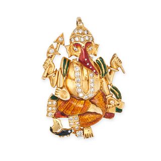 AN ENAMEL AND DIAMOND PENDANT in 18ct yellow gold, designed as the Hindu god Ganesh, set with ena...