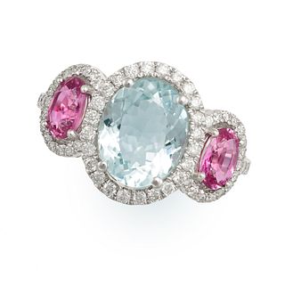 AN AQUAMARINE, PINK SAPPHIRE AND DIAMOND DRESS RING in 18ct white gold, set with an oval cut aqua...