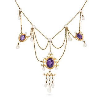 AN ANTIQUE ART NOUVEAU AMETHYST AND PEARL FESTOON NECKLACE in 14ct yellow gold, comprising a trac...