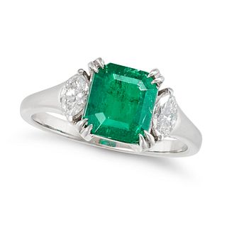 A COLOMBIAN EMERALD AND DIAMOND RING set with an octagonal step cut emerald of approximately 1.43...