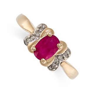 NO RESERVE - A RUBY AND DIAMOND RING in 14ct yellow gold, set with an oval cut ruby accented by r...