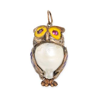 A PEARL, ENAMEL AND SYNTHETIC RUBY OWL PENDANT the body set with a baroque pearl, the eyes set wi...