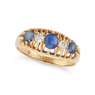 AN ANTIQUE SAPPHIRE AND DIAMOND RING in 18ct yellow gold, set with three sapphires, accented by t...
