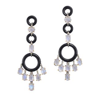 A PAIR OF ONYX, RAINBOW MOONSTONE AND DIAMOND DROP EARRINGS in platinum and 14ct yellow gold, eac...