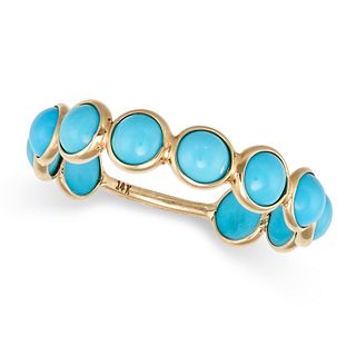 A TURQUOISE ETERNITY RING in 18ct yellow gold, set with a row of round cabochon turquoise, stampe...