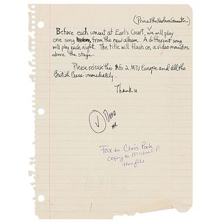 Prince Handwritten and Signed Instructions for Earls Court Concerts