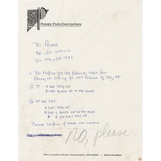 Prince Hand-Annotated Memo on &#39;Sexy MF&#39;
